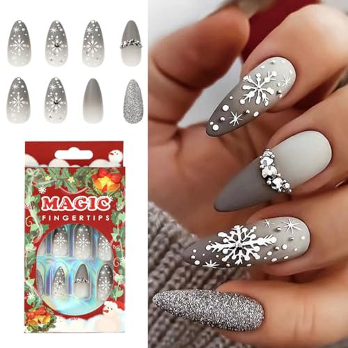 Valicaer Weihnachten Falsche Nägel,24Pcs Künstliche Nägel zum Aufdrücken Schneeflocke Mandel Nägel Tips Acryl Vollständige Abdeckung Künstliche Nägel Fingernägel für Frauen Mädchen Nail Art Dekoration