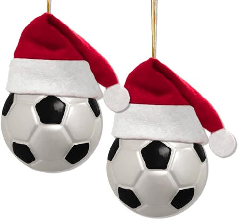 Ushinemi Set mit 2 Fußball-Ornamenten für Weihnachtsbaum, 2024 Glas-Fußball-Weihnachtsschmuck in Weihnachtsmannmütze, Weihnachtsdekoration zum Aufhängen, Tradition, geblasenes Glas, Ornament,