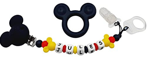 Attache tétine sucette personnalisée/prénom/bébé naissance cadeau, modèle Mickey silicone (Attache + Porte Clés)