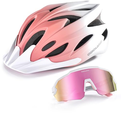 Odoland Set de Casque de Vélo avec Pare-Soleil Amovible et Lunettes de Cyclisme Casque VTT et VTC Léger avec Lunettes de Soliel Sport Anti-UV pour Cyclisme Homme Femme Adult, Rose et Blanc