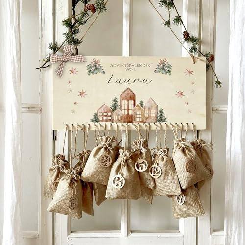 Manufaktur Liebevoll Adventskalender mit Namen für Erwachsene und Kinder zum Befüllen, personalisierter Adventskalender für Frauen Männer Kinder DIY Weihnachtskalender Jutesäckchen (Laura)