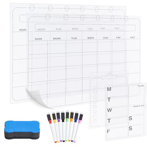 Non-Magnetic Whiteboard Calendars for Fridge, 13PCS White Board Planner Set, Reusable A3 Clear Monthly & Weekly Planner Dry Erase Planning Board with 8 Markers and Eraser for Wall Refrigerator