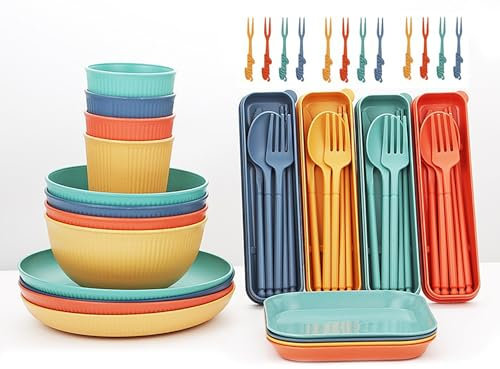 Vaisselle Camping 48 Pièces Ensemble,Vaisselle Plastique Reutilisable, Assiette Camping Accessoires Tasses Bols Fourchettes, pour Les Repas De Famille, Les Pique-Niques,Fête, Camping (4 Couleurs)