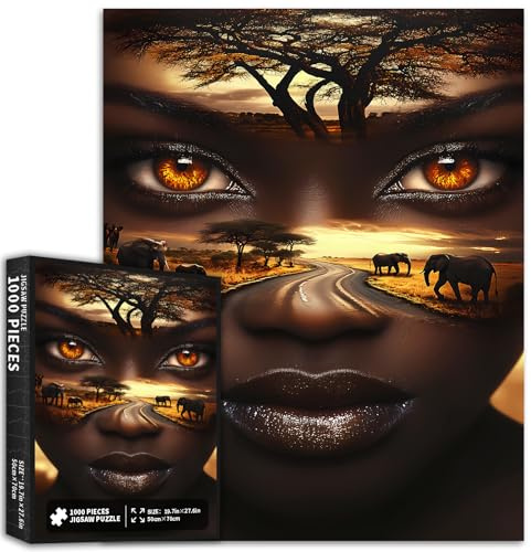 Puzzle de 1000 pièces - Belle femme africaine mélangée avec le paysage du parc safari pour adultes - Puzzles colorés à faire soi-même pour la décoration de la maison, cadeaux, puzzle de famille,