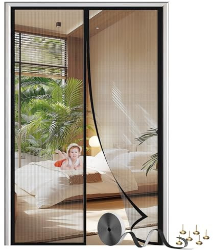 Moustiquaire Porte Fenêtre 95x210 cm - Fermeture Automatique, Magnétique Porte Anti Mouches, Maille Fine Lavable en Fibre de Verre, Bande Adhésive 3,8 cm, Noir