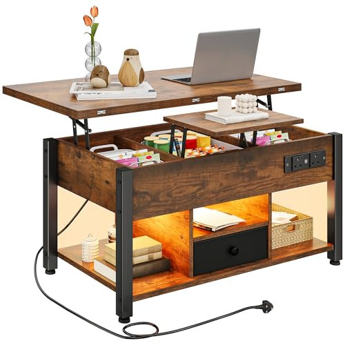 YITAHOME Folding Lift Top Coffee Table with Drawer, 4-in-1 Convertible Table with Storage Space and Type-G Outlets, Multi-Color LED Lighting with Music Mode for Living Room, Dining Room, Rustic Brown