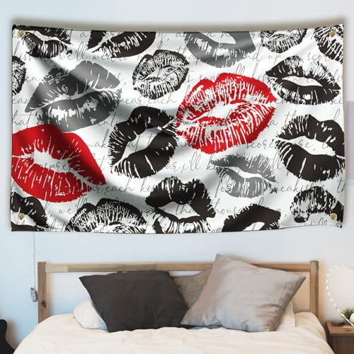 WEBEEDY Trendiges Lippenabdruck Wandbehang Rot Schwarz Und Weiß Wandteppich Ästhetik Für Schlafzimmer Wohnzimmer Büro Mode Kuss Lippen Wandkunst Tapisserien 180x110cm