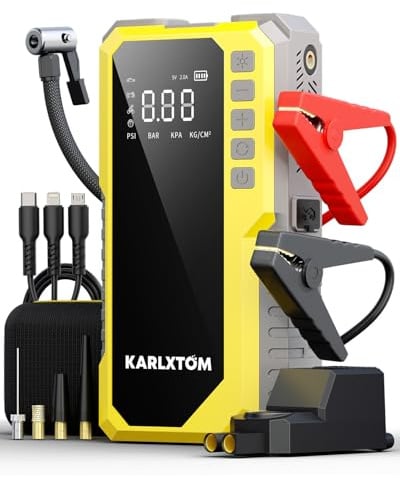 Karlxtom Booster Avviamento Auto con Compressore 190PSI, 12V Avviatore Batteria Auto (Tutto Gas/10L Diesel), Ingresso/Uscita Alimentazione di Avviamento e Luce LED da 500 LUM, Display LCD