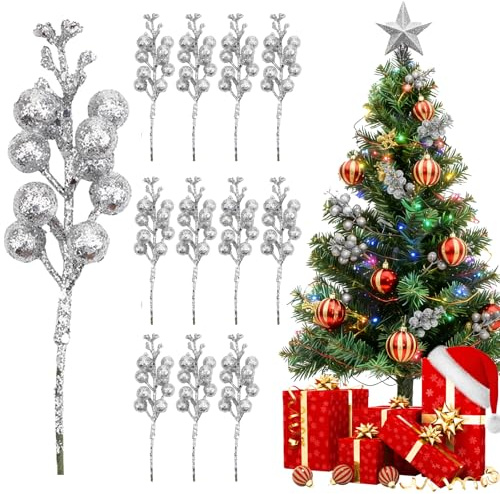 Zweige Deko Weihnachten, 12 PCS Stäbchen Weihnachten Glitzer Beeren Stiele, Rote Beeren schmücken Weihnachtsbaum, Weihnachtsbaum Deko Biegbar, für Baum DIY Handwerk Hochzeit Winter Kranz (Silber)