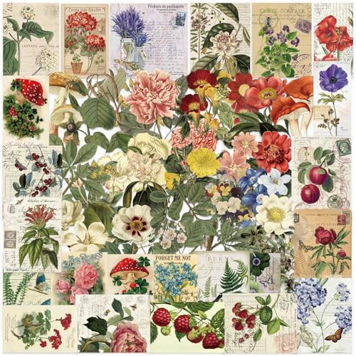 50Pcs Vintage Plant Stickers Pack, Waterproof PET Aesthetic Flowers & Nature Stickers for Scrapbook, Journaling, Kindle Case, Laptop, Water Bottle, Skateboard