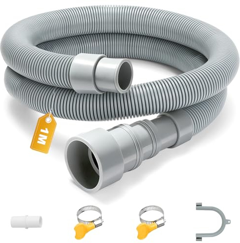 VINATO Alargador de Manguera de Desagüe 1m, para Lavadora y Lavavajillas, Tubo Desague Lavadora con Conector, Abrazaderas y Soporte en U