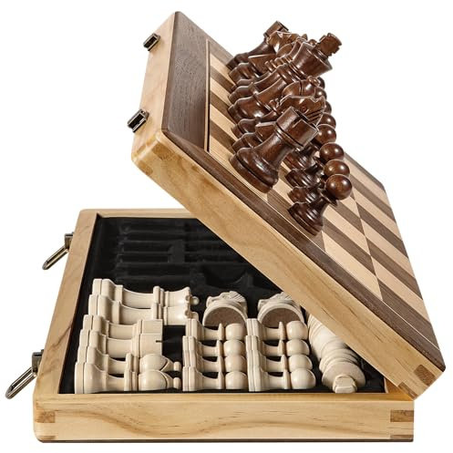 Sihaiyuan Chess Set 15” Magnetic Wooden Chess Board, Travel Chess Set for Adults & Kids, 2-in-1 Chess & Checkers, Portable Folding Chess Set