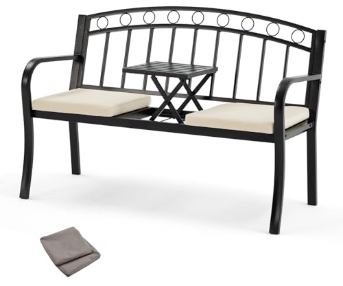 MELLCOM Metal Garden Bench with Liftable Middle Table, 2 Seater Outdoor Loveseat with Cushions, 2 in 1 Patio Bench for Garden, Balcony, Terrace, Outdoor Seating, Black