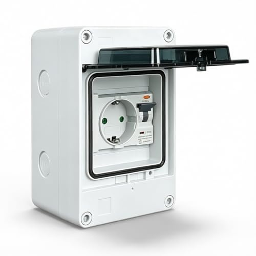 Schuko Socket with FI Circuit Breaker Surface-Mounted, Schuko Socket in Fuse Box Surface-Mounted IP65 Waterproof Wall Distributor Complete for Construction Site, 16 Amp Socket 230 V and FI 16 A C