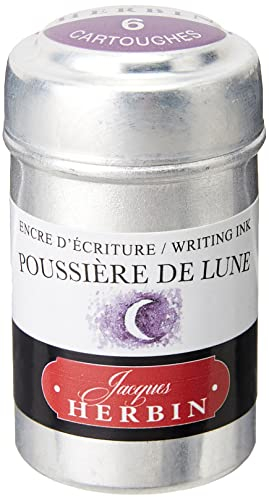 Jacques Herbin - Ref 20148T - Universal Writing Snap-In Ink Cartridges - Poussière de Lune / Moondust Purple - Cylindrical Metal Pot of 6 Cartridges - Purple-Coloured Ink