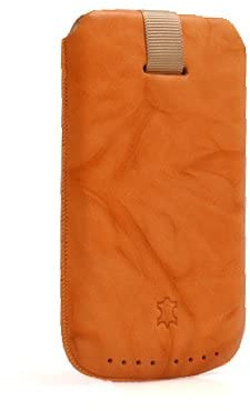 System-S Leder Tasche Etui Case Sleeve Hülle mit Rückzugfunktion Ausziehhilfe Orange in Large für Smartphone Handy Mp3 Mp4 Player