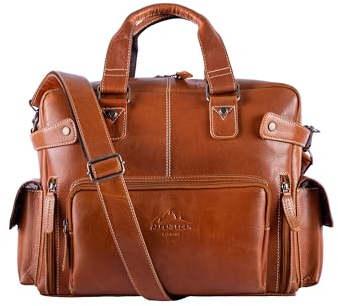 Alpenleder Messenger Aktentasche - ELBSEE (Handgefertigt) - Nachhaltiges Bio-Leder aus regionaler Landwirtschaft | Aktentasche für Damen & Herren, Laptoptasche *Fair Produziert* (40x30x15cm, Cognac)