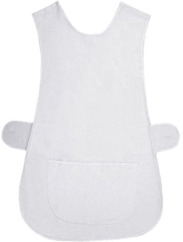 MyShoeStore Ladies Womens Tabard Home Work Kitchen Cleaning Chef Catering Cleaners Workwear Overall Piping Edge Tabbard Apron With Large Pocket Side Button Fastening Plus Big Size (White, WMS)