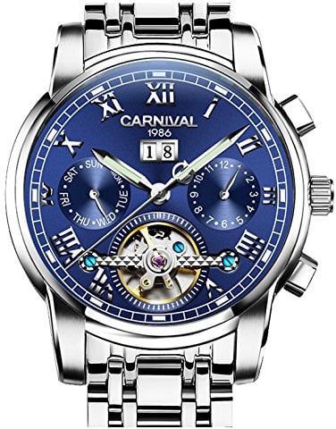Herren Tourbillon Automatikuhr Mechanische Uhr Silber Edelstahl Multifunktions Blau Uhren (Silber/Blau), silber/blue, 41 mm, Selbstaufziehend