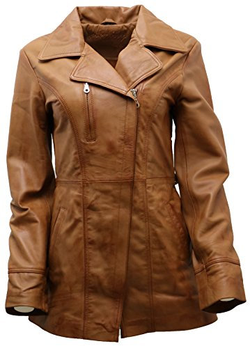 Women's Tan Nappa Leather Long Biker Jacket with Belt 10