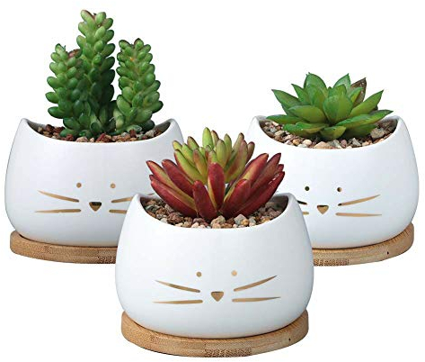 Lot De 3 Petits Pots De Fleurs Au Design Mignon De Chat Blanc | Cache-Pot Cactus | Jardinière Balcon | Idée-Cadeau Original, Anniversaire | Plantes Kawai | Décoration Intérieur et Extérieur