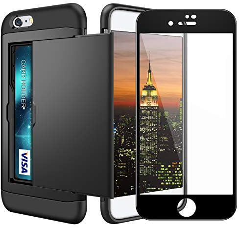Coolden for iPhone 6S Case Card Holder Slot Case with [Tempered Glass Screen Protector ] iPhone 6S Wallet Case Shockproof Case Rubber Bumper Protective Phone Case Cover for iPhone 6/6S (Black)