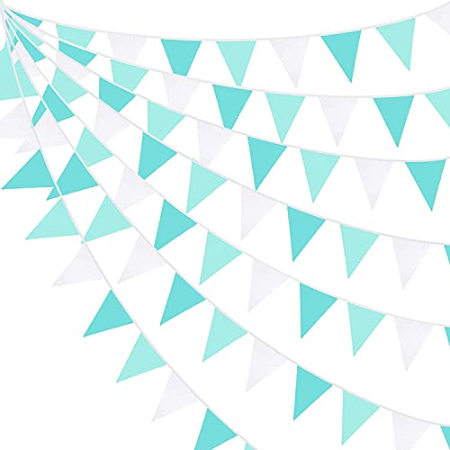 10M/32.8Ft Aqua Green Fabric Bunting Banner Party Decorations Teal Blue Cloth Triangle Flag Garland Pennant for Birthday Wedding Baby Shower Nursery Summer Outdoor Garden Hanging Festivals Decoration