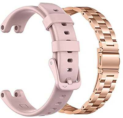 EANWireless Kompatibel mit Garmin Lily Band, Silikon Sport Armband + Metall Classic Edelstahl Ersatz Slim Zubehör Fit für Garmin Lily Smartwatch Frauen Dressy, Rose Gold + Pink