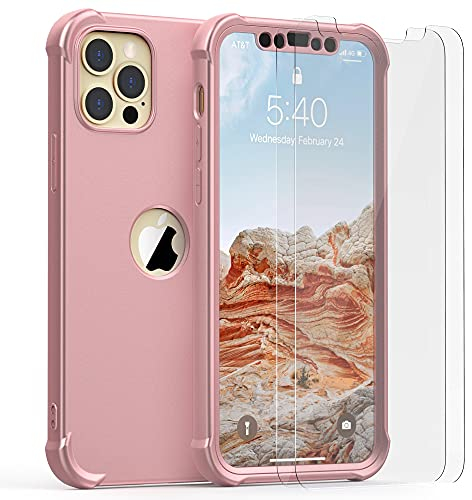 ORETECH Coque pour iPhone 12 Pro Max + 2 Pièces Verre Trempé Protection écran, 2 en 1 Antichoc Souple Silicone TPU Arrière Rigide PC Avant Housse de Protection pour iPhone 12 Pro Max 6,7 Or Rose