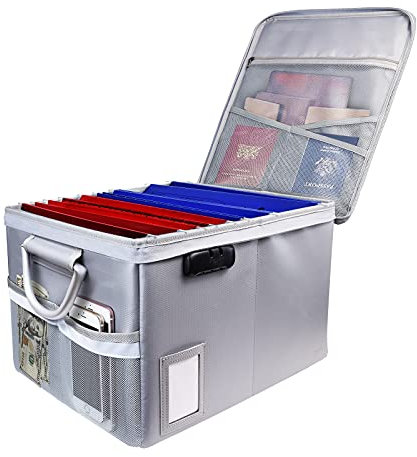TOMKID Boîte de rangement ignifuge pour documents avec serrure, boîte de rangement pour dossiers suspendus (argent, 40.9 x 32.77 x 27.94 cm)