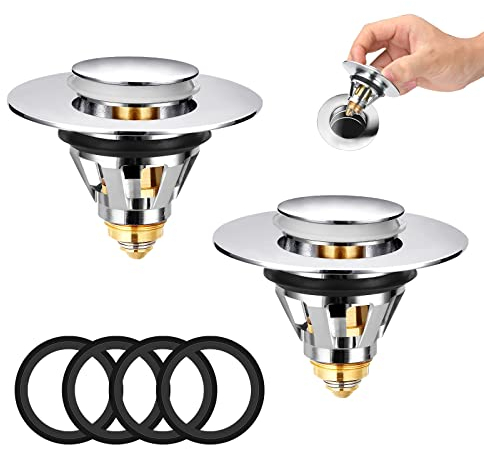 Ainiv 2Pack Pop-up Sink Plugs with 4 Seals, Universal Sink Strainer for Bathroom 34-38mm, Push-Type Bounce core Strainer Drain Protector, Hair/Ring Trap Catch Catcher, Bullet Core Push Type Filter
