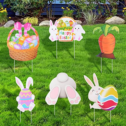 BHGT 6 Stück Gartenstecker Ostern Gartendeko Osterhasen Figuren Groß Eier Karotte Osterstecker Happy Easter Osterdeko Aufsteller für Draußen Innen
