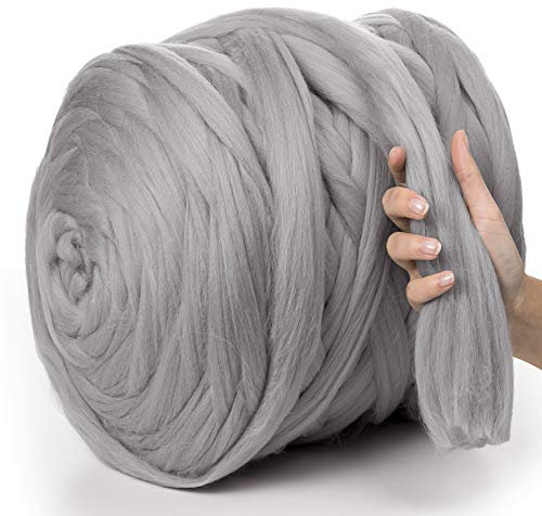 MeriWoolArt® 100% XXL Merino Wolle Garn 4-5cm Dicke Wolle Garn, Filzwolle Trockenfilzen Nassfilzen, DIY Wolle Garn Decke, Decke Baby Wolle, Arm Stricken Decke Garn Hellgrau, 1Kg