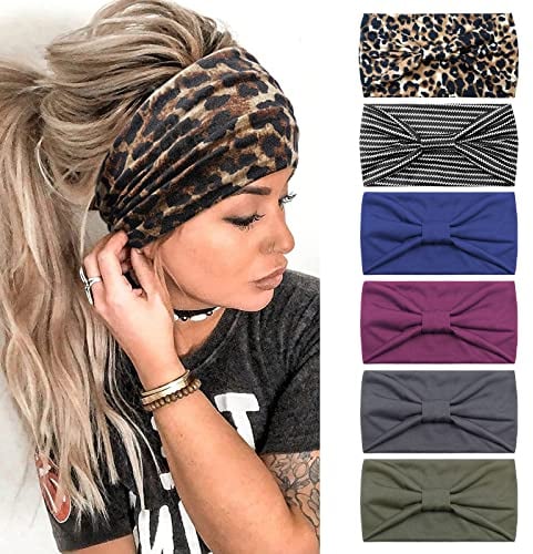 Kavya Women's Hair Bands UK, Wide Soft Ladies Boho Headbands, Leopard Print Bandanas, Adult Scarfs, Elastic Fashion Yoga Hair Bands (6 Pcs)