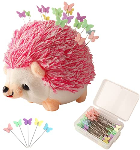 CICILIAYA Igel-Form-Nadelkissen, niedliches Nadelkissen, Nähset, Zubehör, Nadelkissenhalter mit 100 farbigen Kugelköpfen, gerade Stoffnadeln für Bastelarbeiten (Rosa)