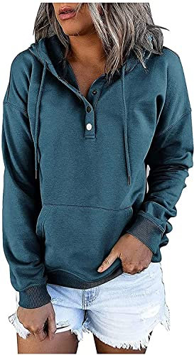 KISSMODA Solid Color Casual Hoodie Sweatshirt Drawstring Soft Cotton Pullover Long Sleeve Hooded Tops Sweatshirt for Women with Pocket Indigo XLarge