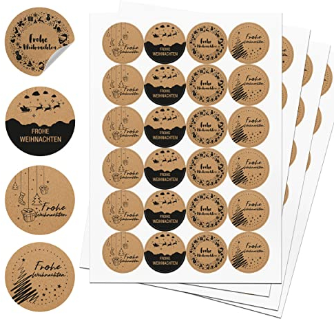 TOBJA® Aufkleber Weihnachten 96 Stück - Weihnachtsaufkleber für Geschenke in 4 Variationen | Sticker Set Frohe Weihnachten | Echtes Papier Kraftpapier 4 cm Etiketten rund (Kraftpapier DE)