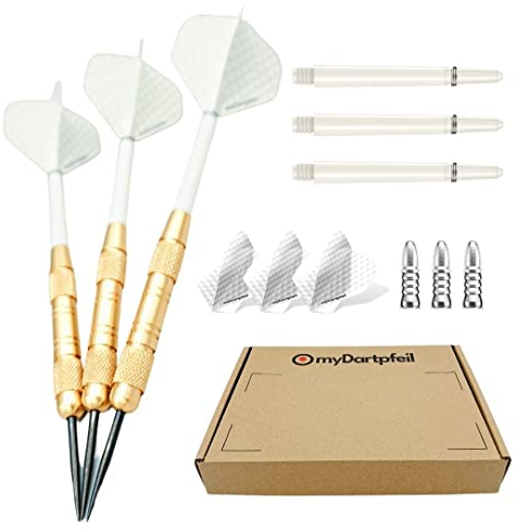 Dartpfeile mit Metallspitze für Dartscheibe | Profi Steel-Darts 22g mit Stahl Spitze | Dart-Set mit Schäften und Darts Flights | Steel Dartpfeile und Darts Zubehör in weiß