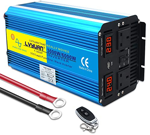 Cantonape Power Inverter 3000W/6000W Pure Sine Wave Car Inverter DC 24V to AC 230V 240V Converter With wireless Remote Control, dual AC outlets, Dual cooling fans &1 USB Port for RV Truck Car