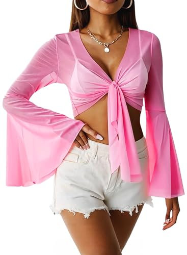 EVELUST Rave Bell Mesh Crop Top for Women - 70s Long Sleeve Tie Front Sheer Shirt Ruffle Fairycore Blouse Festival Outfits(Pink,S,1087w)