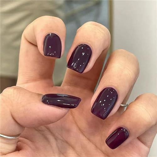 Dark Purple Stylish Fake Nail Short Square Press on Nails Tips for Women and Girls Nail Art Decoration 24pcs