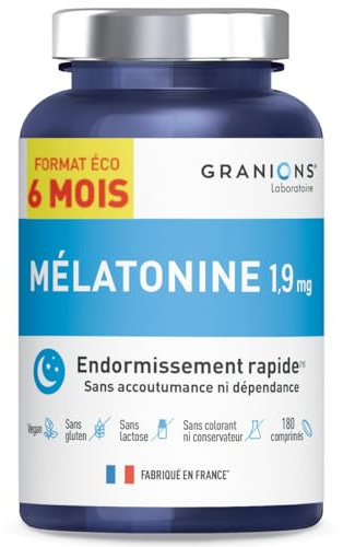 Melatonine 1,9mg | GRANIONS | MADE IN FRANCE | Complément alimentaire Sommeil Puissant | Aide pour dormir | Trouble du sommeil, jetlag, décalage horaire | 180 comprimés | Format éco 6 mois