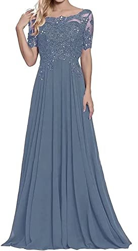 Sincemeet Abiti per la Madre della Sposa in Pizzo Abito da Sera in Chiffon a Maniche Corte Abito Lungo da Ballo