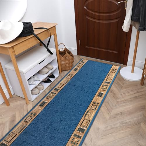 rugsx Antirutsch Teppichläufer JENA - moderner Kurzflor für Küche, Flur & Wohnzimmer, Meterware, blau 100x1350 cm