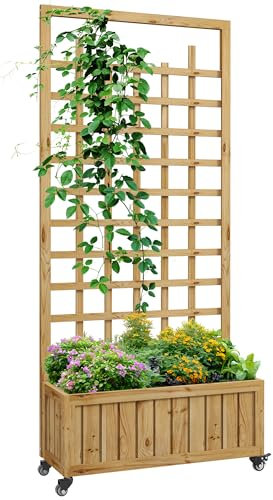 Outsunny Wooden Trellis Planter, Raised Beds for Garden with Wheels and Drainage Holes, Privacy Screen Planter Box to Grow Vegetables, Herbs and Flowers for Garden, Patio, Deck, Natural