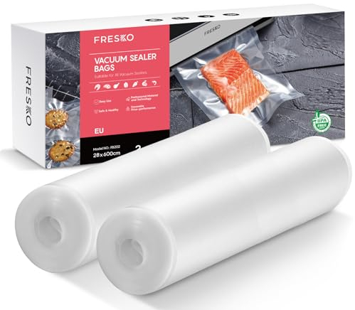 FRESKO Vakuumrollen 2 Rollen 28 x 600cm, Professionelle Vakuumierbeutel Folienbeutel, Größe für alle Vakuumiergeräte, BPA-frei, Geprägte Luftrillen, Sous-Vide-Gefrierbeutel