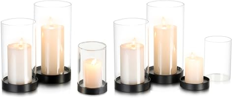 Glasseam Windlicht Glas Kerzenhalter Stumpenkerzen: 6er Set Windlichter Glas Kerzenhalter Schwarz Windlicht Glaszylinder mit Kerzenhalter Metall für Esstisch Kerzenständer Stumpenkerzen für Tischdeko