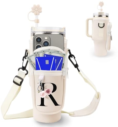 Initial Personalized Water Bottle Bag for Stanley 40oz Tumbler,with Phone Pocket,Neoprene Water Bottle Carrier with Adjustable Strap and Straw Cover & Carabiner,for Stanley Cup Accessories (R)