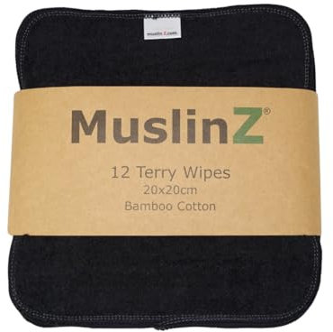 MuslinZ Frotteetücher aus Bambus-Baumwolle, 20 x 20 cm, Waschbar, wiederverwendbar, Baby-Feuchttücher (schwarz)