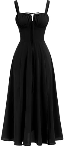 IBTOM CASTLE Women's Floral Corset Dress Square Neck Spaghetti Strap Summer Boho Sundress Casual Flowy Slit Bustier Dresses X-Black M